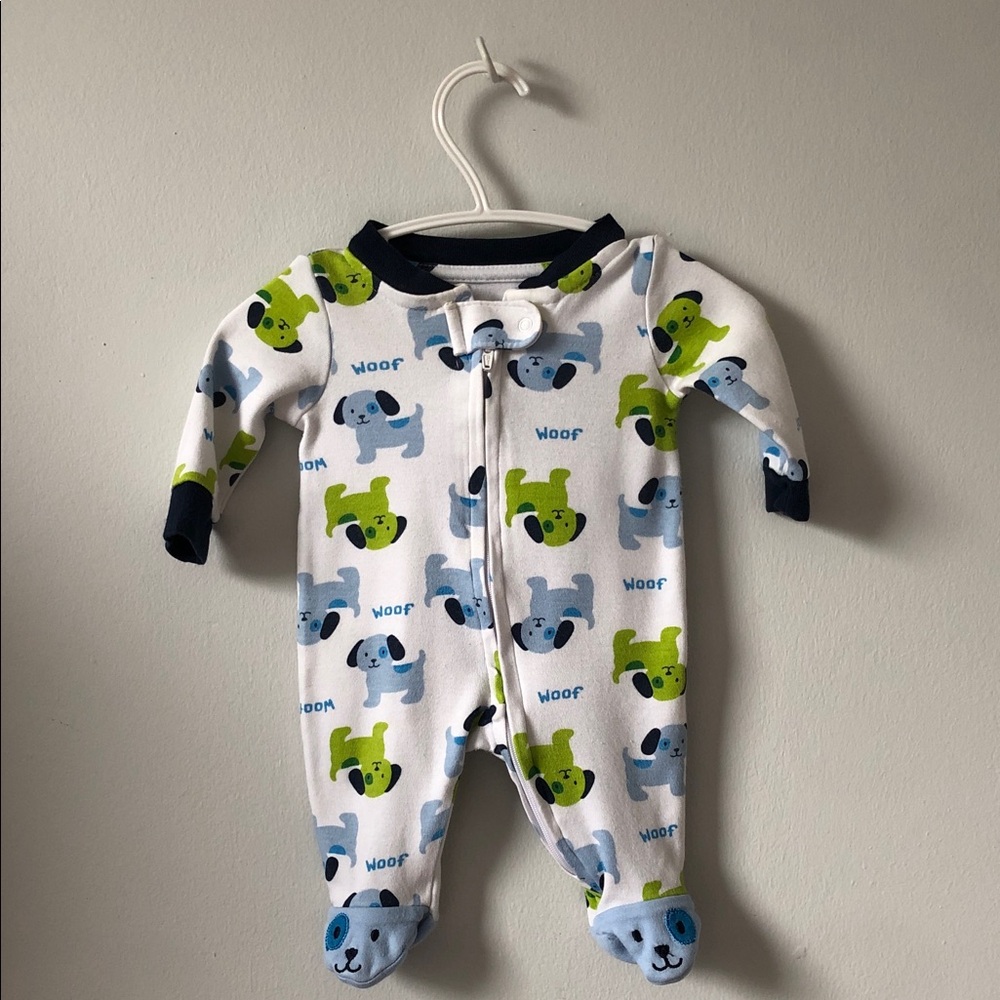 Baby Footed One-Piece with Blue & Green Puppy Print - Cozy Zip Front